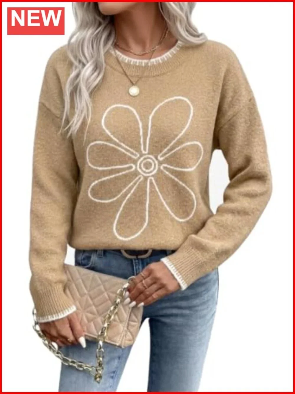 Hilogo Floral Crew Neck Oversized Pullover Sweater Long Sleeve Knit